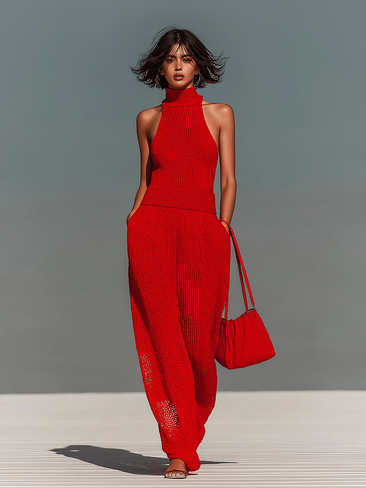 ElevenOra Chic Elegant Red Mock Neck Sleeveless Loose-Fit Wide Leg Mesh Knit Jumpsuit