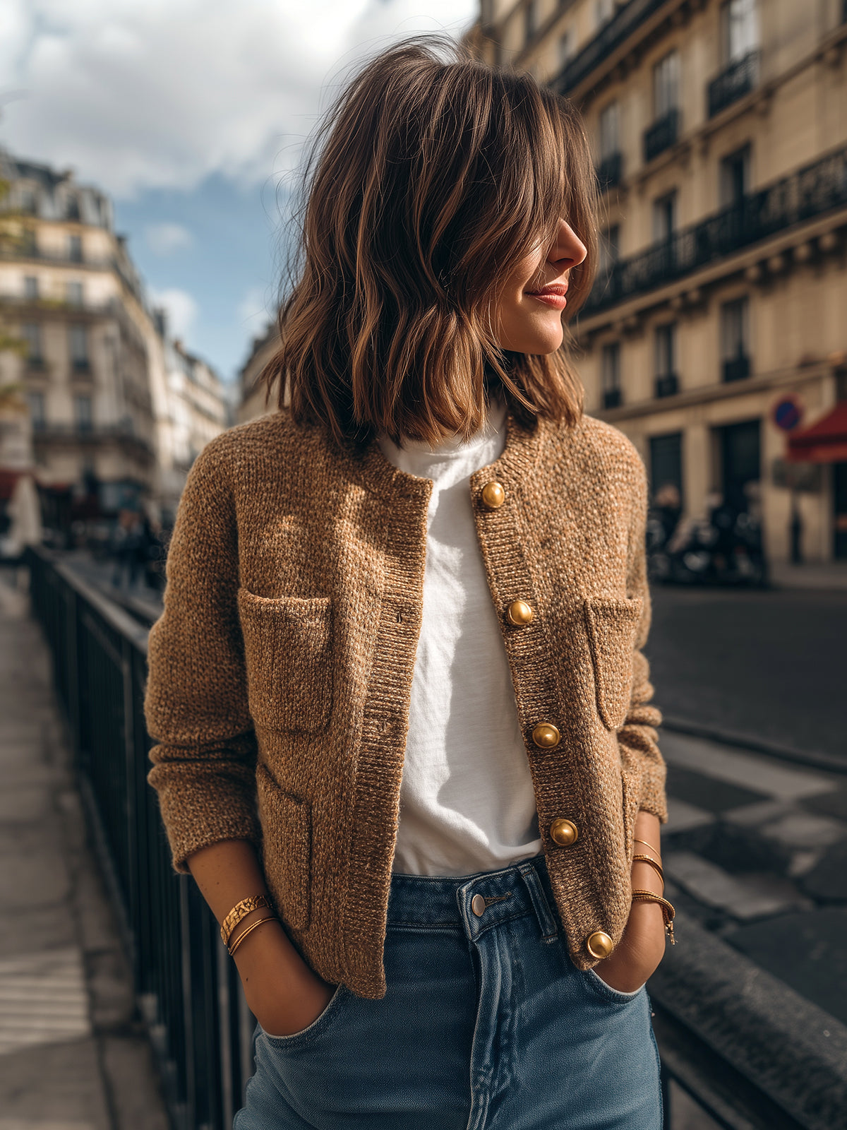 ElevenOra Casual Chic Camel Crew Neck Gold Button Multi-Pocket Cropped Knit Cardigan