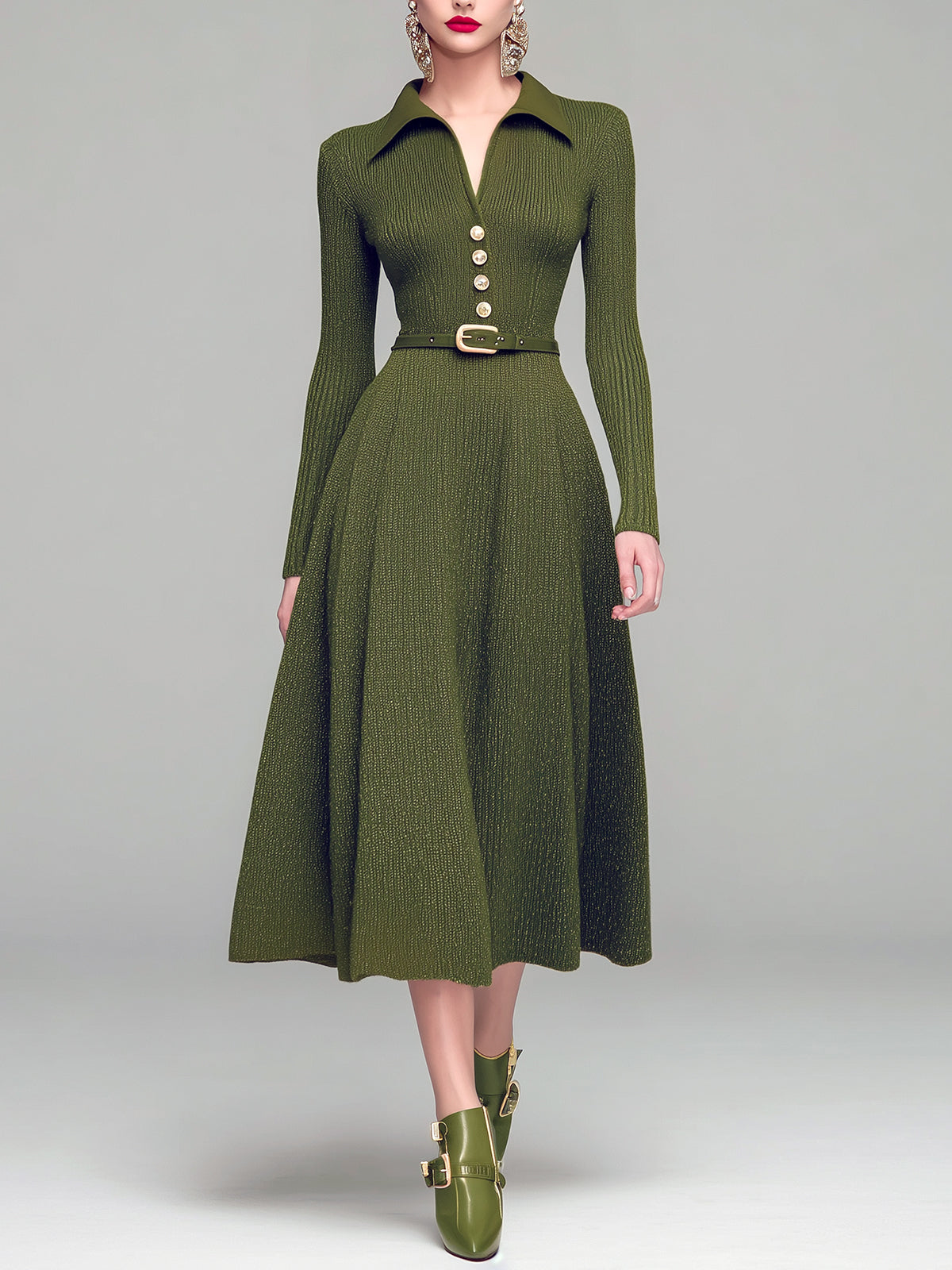 ElevenOra Vintage Elegant Lapel V-Neck Button Detail Belted Flared Hem Knitted Midi Dress