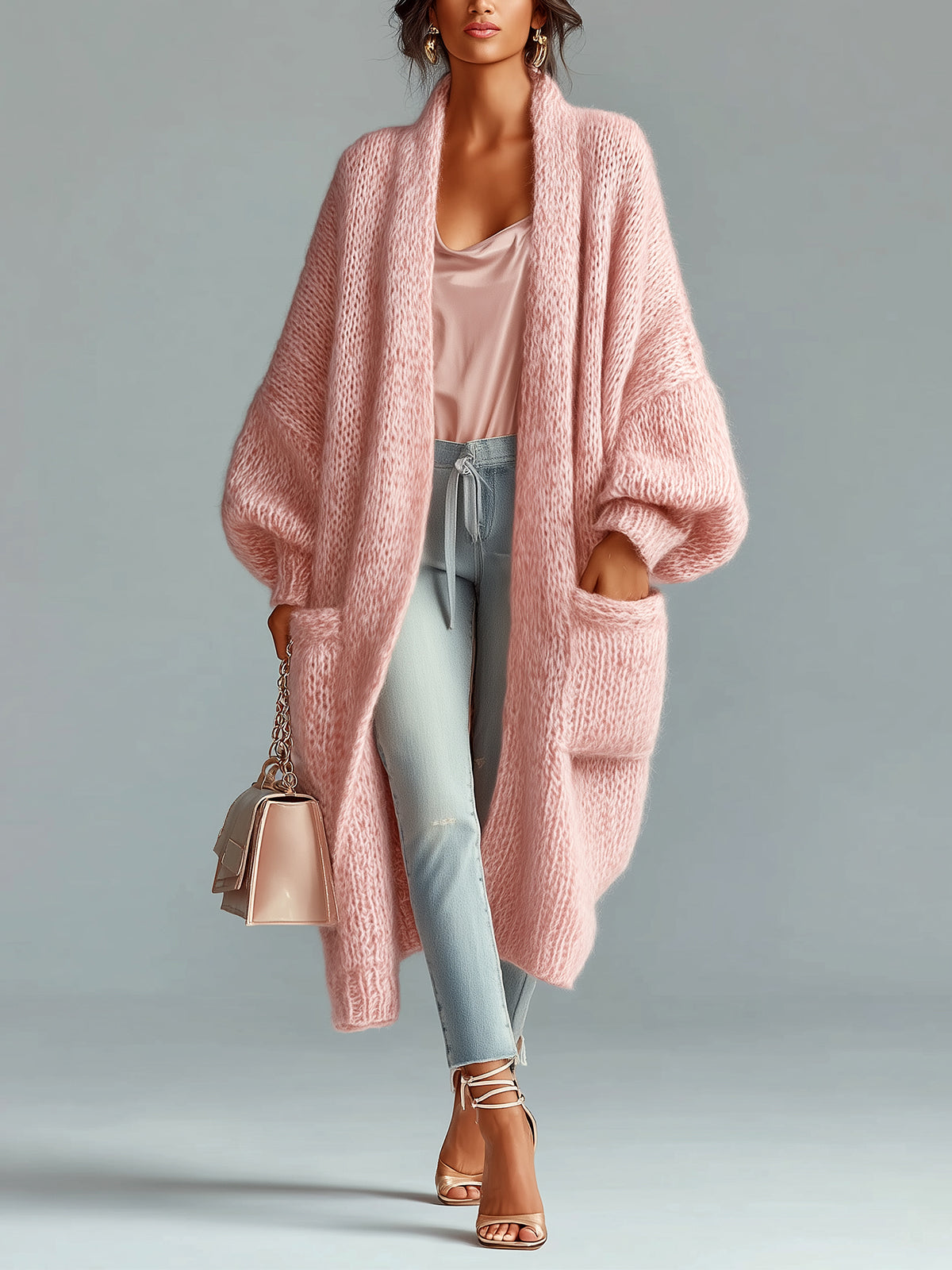 ElevenOra Chic Vintage Pink Puff Sleeve Large Patch Pocket Oversized Fuzzy Knit Maxi Cardigan