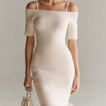 ElevenOra Chic Elegant Light Pink Off-The-Shoulder Short Sleeve Slim-Fit Ruffled Tulle Hem Strappy Ribbed Knit Mini Dress