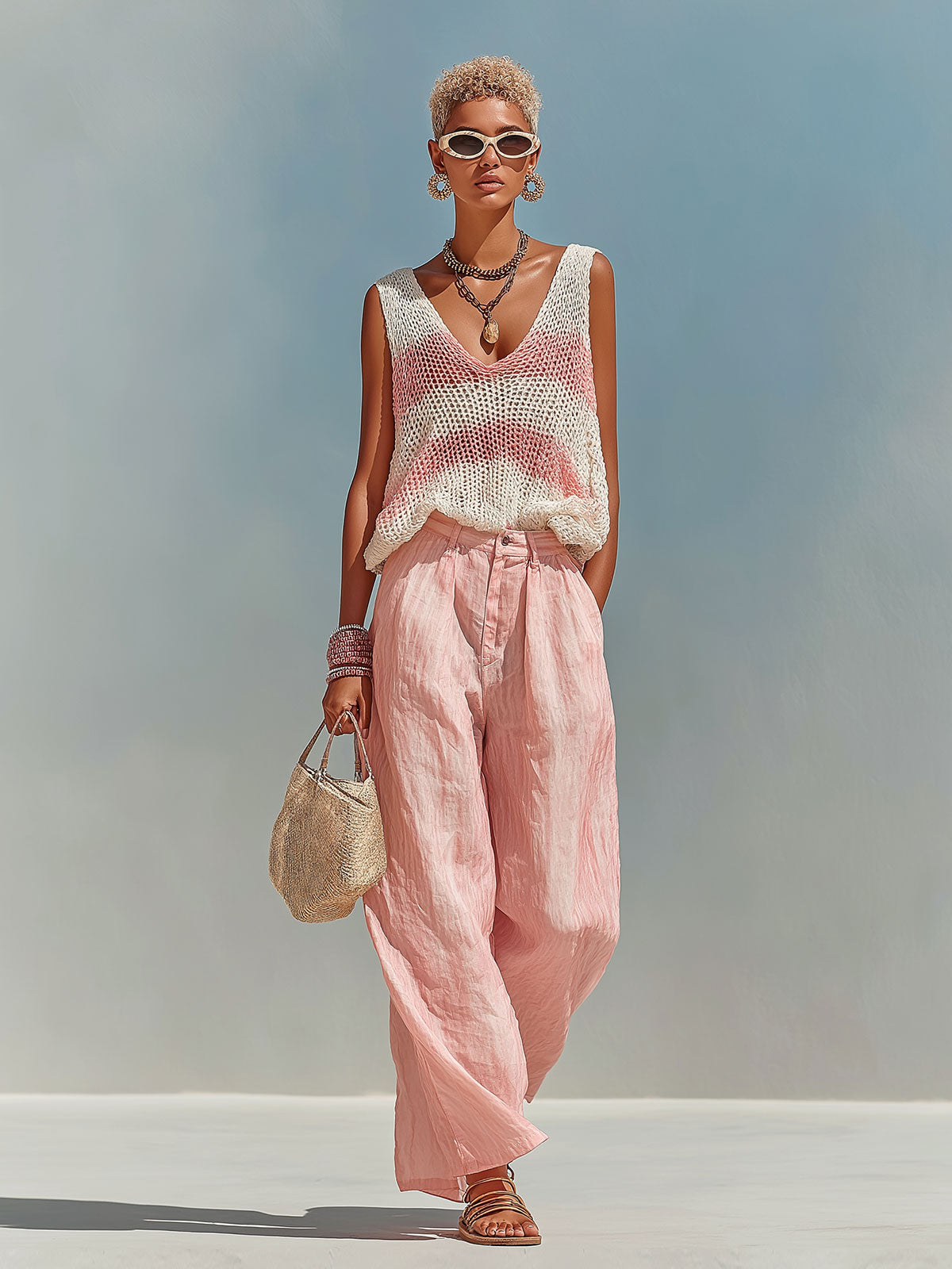 ElevenOra Chic Elegant Pink-White Stripes V-Neck Sleeveless Loose-Fit Knit Tank Top Pink Satin Pants Two-Piece Set