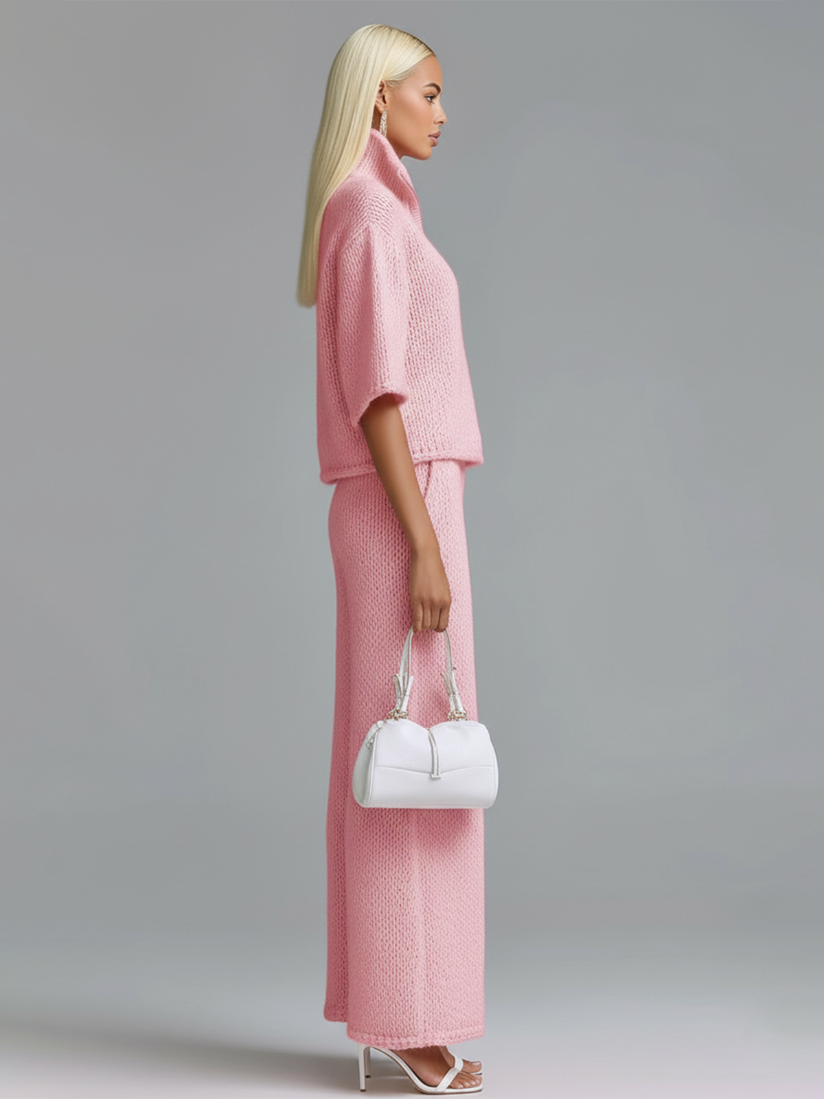 ElevenOra Stylish Elegant Barbie Pink Lapel Seven-Quarter Sleeve Half-Zip Loose Sweater And Wide-Leg Pants Two-Piece Set