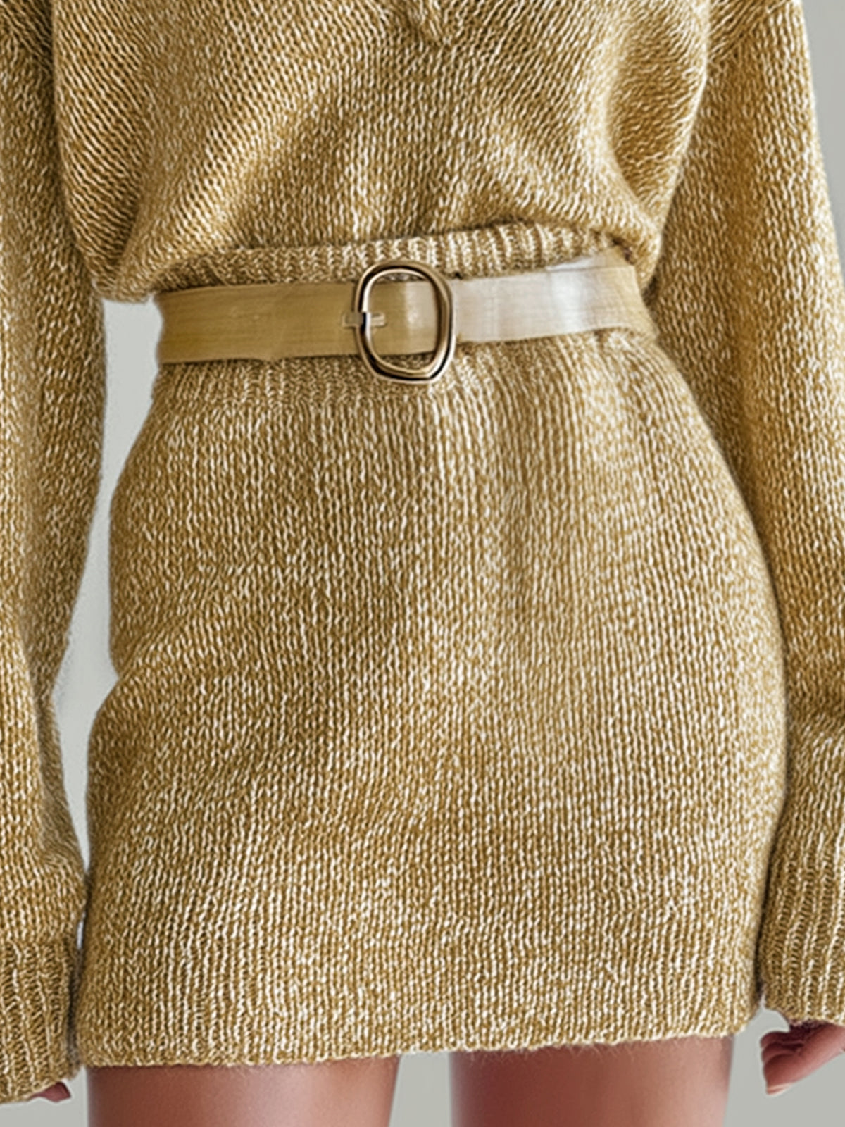 ElevenOra Casual Polo Collar Deep V-Neck Long Sleeve Slim Fit Knit Sweater With Mini Belted Skirt Two-Piece Set