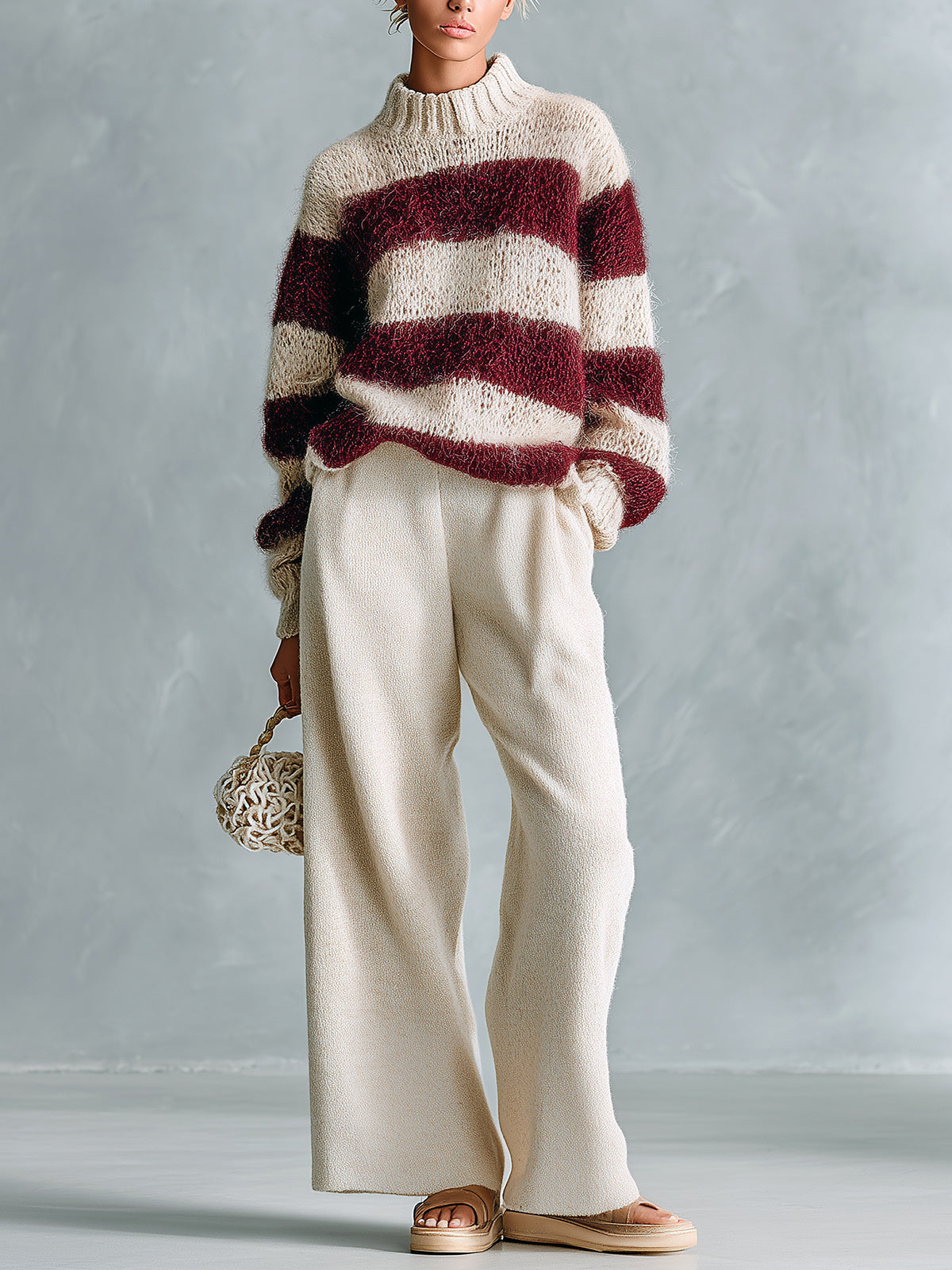 ElevenOra Vintage Contrast Stripe Round Neck Long-Sleeve Oversized Sweater Wide-Leg Pants Knit Two-Piece Set