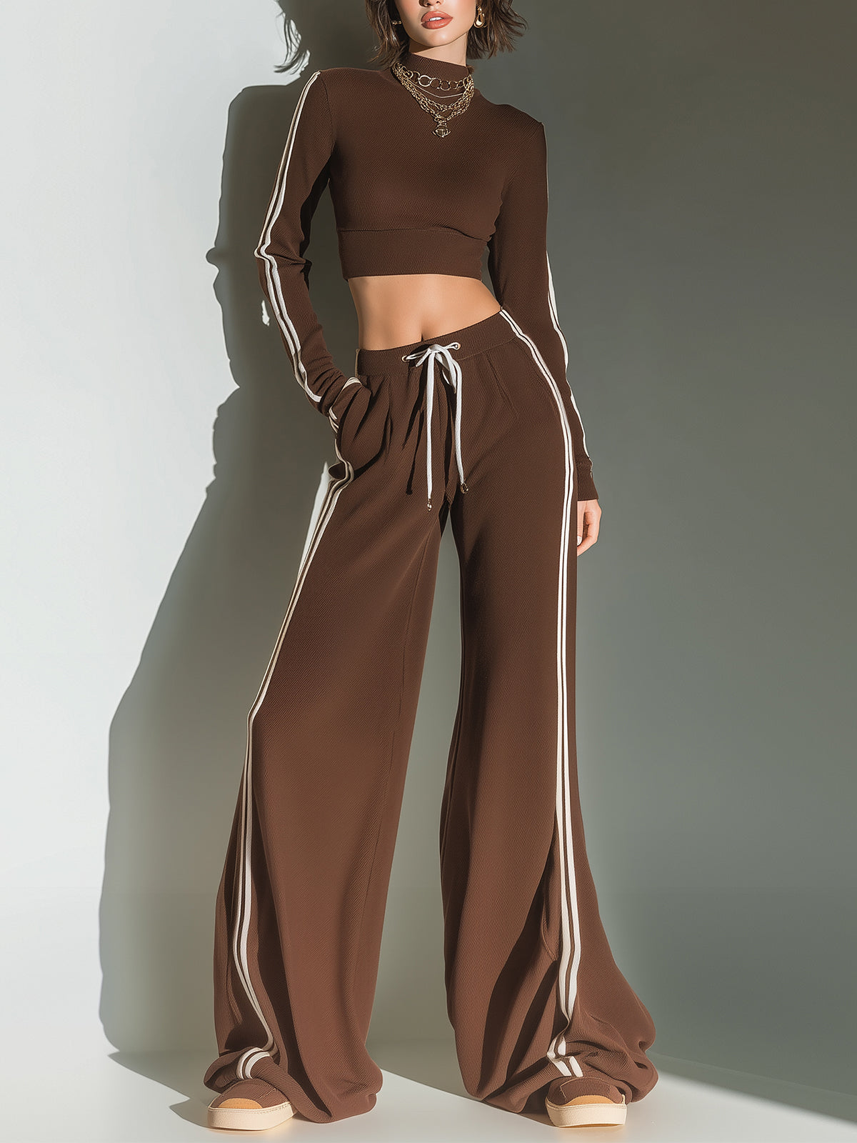 ElevenOra Chic Vintage Mock Neck Slim-Fit Mini Sweater Wide-leg Pants Contrast Trims Knit Two-Piece Set