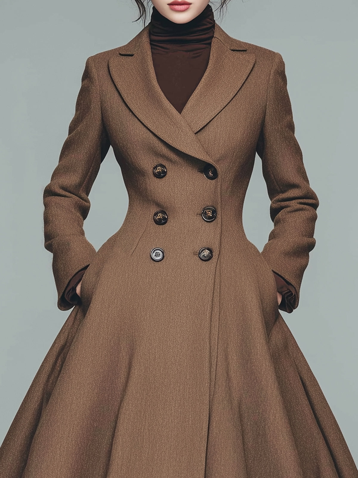 ElevenOra Vintage Brown Wool Blend Notch Lapel Double-Breasted Tailored Waist Flared Hem Mid-Length Coat