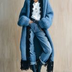 ElevenOra Chic Casual Haze Blue Lapel Black Lace-Trimmed Maxi-Length Slouchy Edgy Knit Cardigan