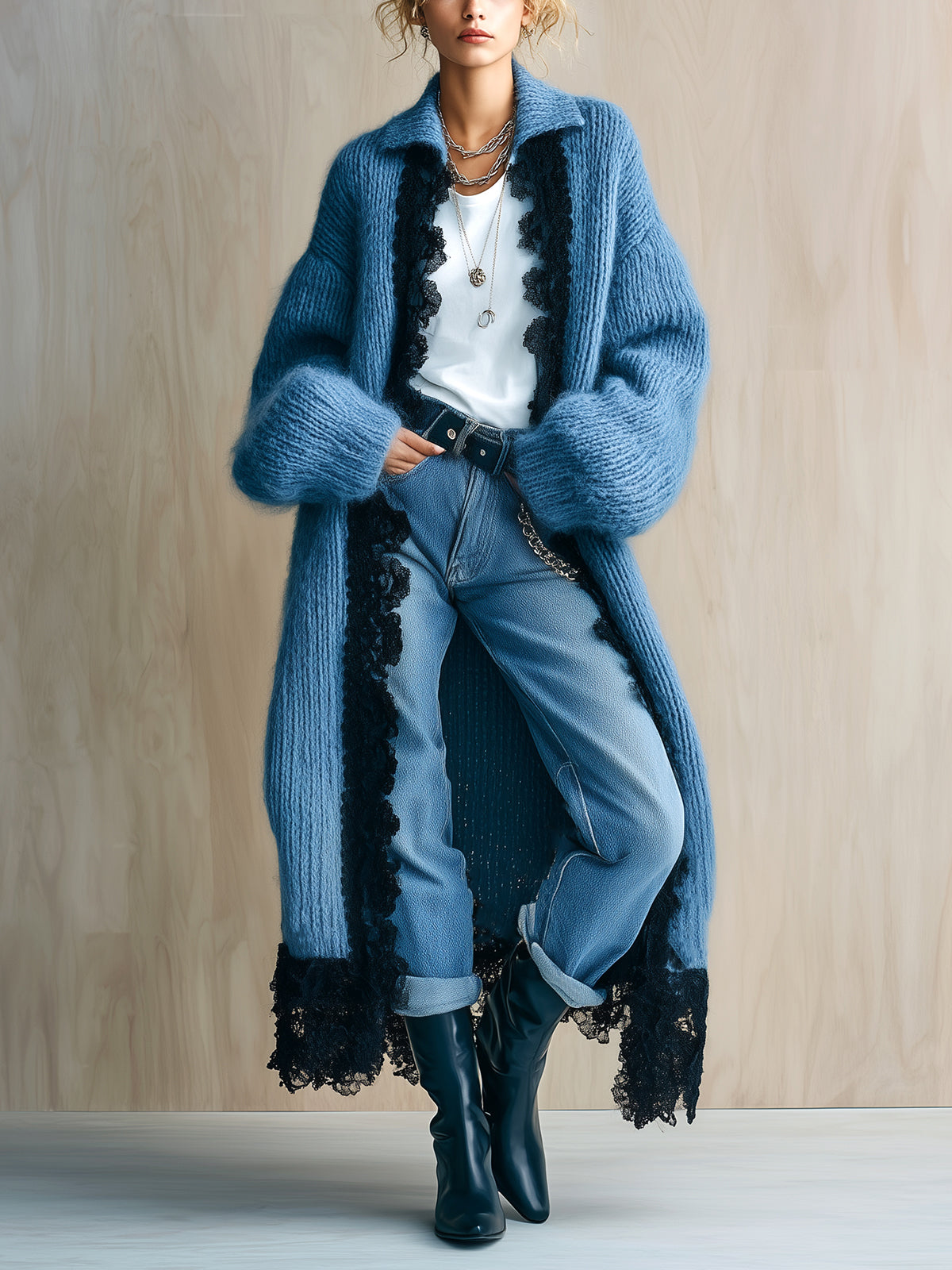 ElevenOra Chic Casual Haze Blue Lapel Black Lace-Trimmed Maxi-Length Slouchy Edgy Knit Cardigan