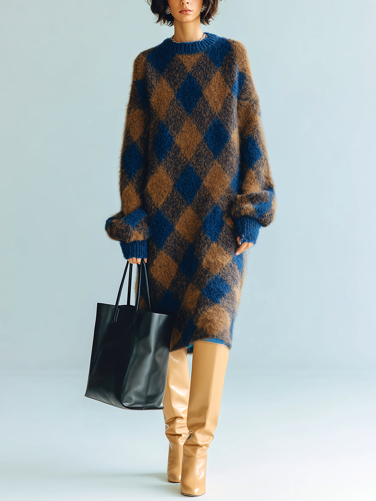 ElevenOra Chic Retro Contrast Diamond Jacquard Round Neck Oversized Long-sleeved Knitted Midi Dress