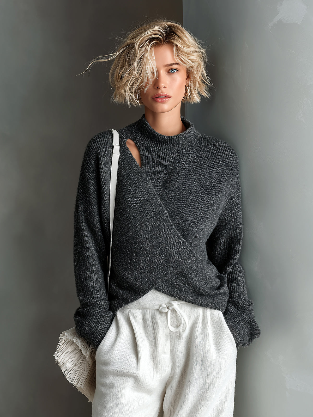 ElevenOra Chic Casual Dark Gray Mock Neck Cross-Front Cutout Loose Long-Sleeve Knit Sweater