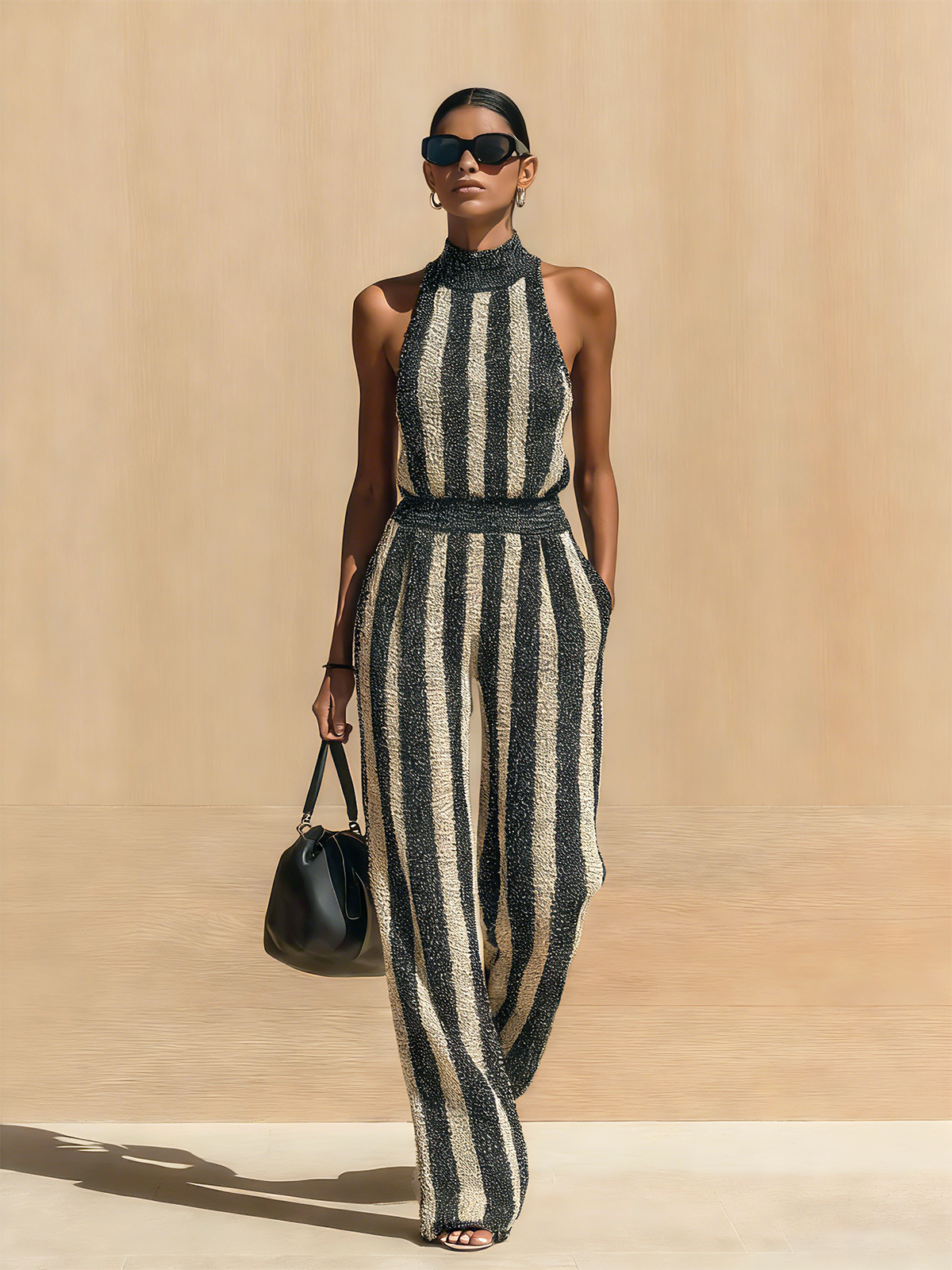 ElevenOra Chic Elegant Black-Beige Striped Mock-Neck Sleeveless Slim Fit Wide-Leg Ribbed Knit Jumpsuit