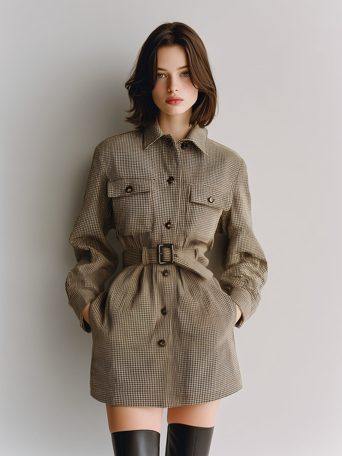 ElevenOra Chic Vintage Khaki Houndstooth Cotton Blend Lapel Single-Breasted Belted Shirt Dress