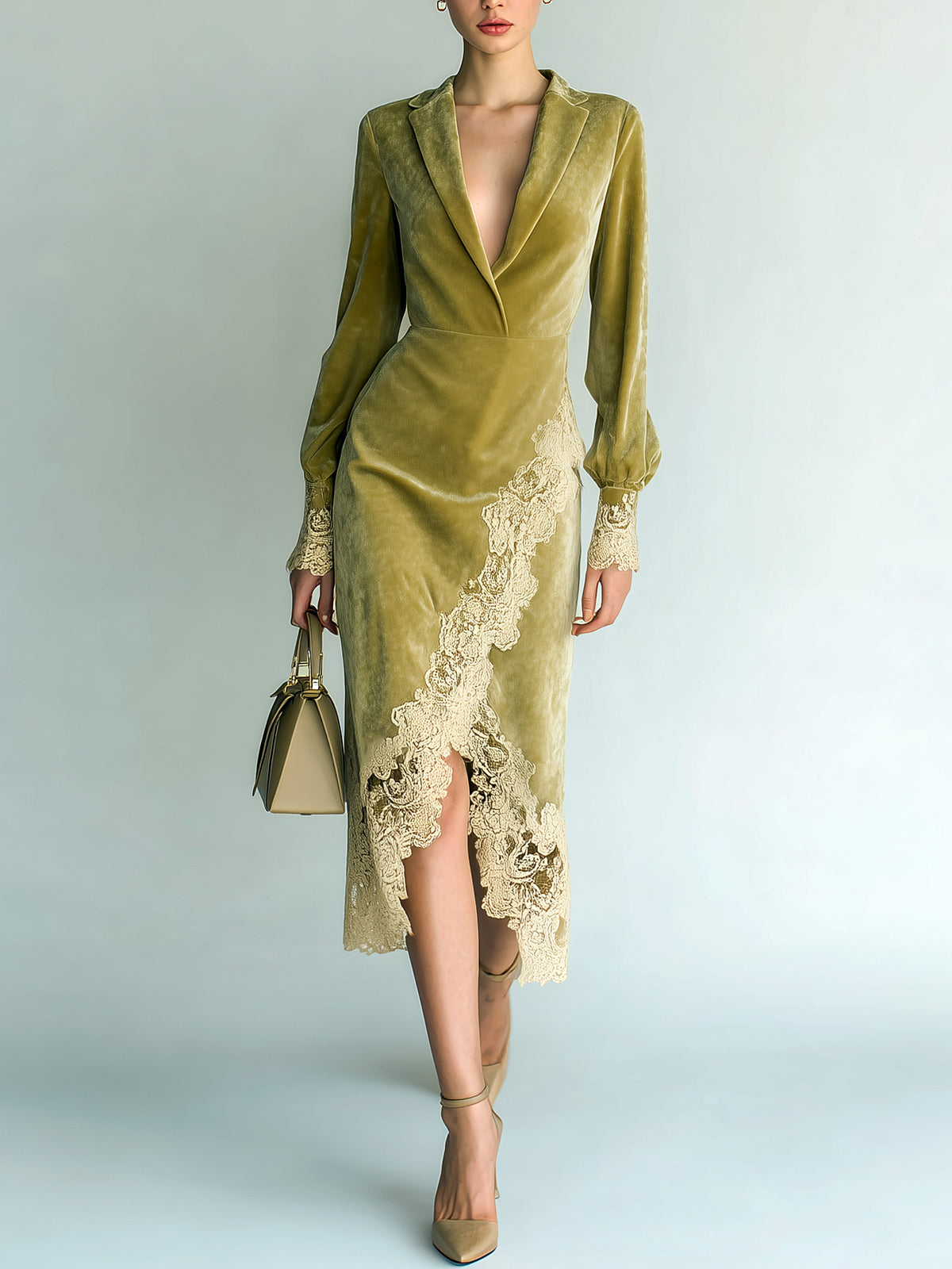 ElevenOra Vintage Elegant Lace Velvet Patchwork Notched Collar Tailored Waist Long Sleeve Slit Midi Dress