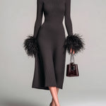 ElevenOra Chic Elegant Dark Brown Turtleneck Slim-Fit Feather Trim Detail Long Sleeve Knit Midi Dress
