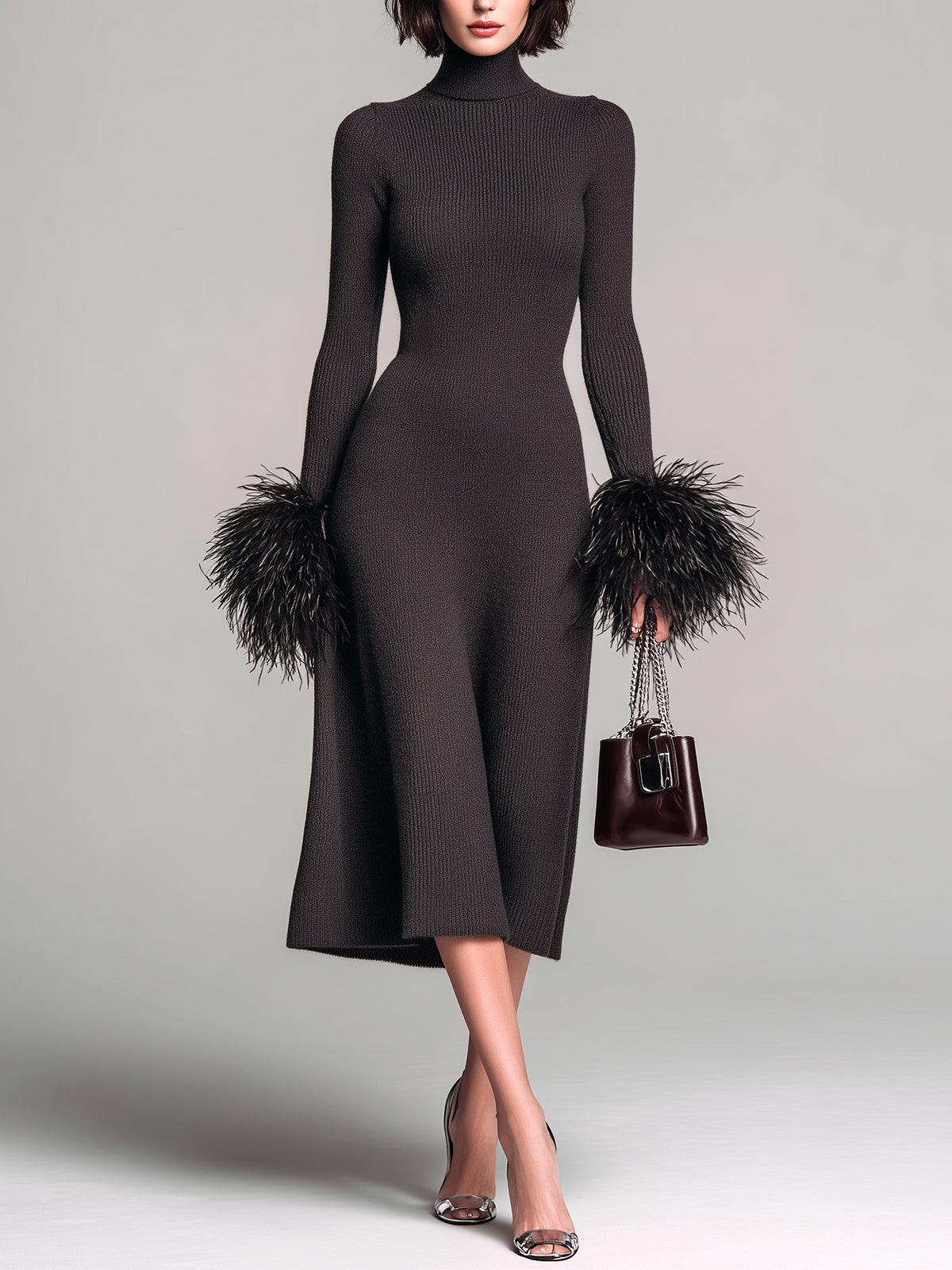 ElevenOra Chic Elegant Dark Brown Turtleneck Slim-Fit Feather Trim Detail Long Sleeve Knit Midi Dress