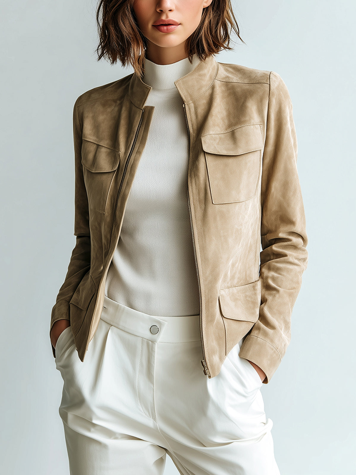 ElevenOra Chic Casual Light Khaki Suede Faux Stand-Collar Zipper Utility-Pocket Cropped Jacket