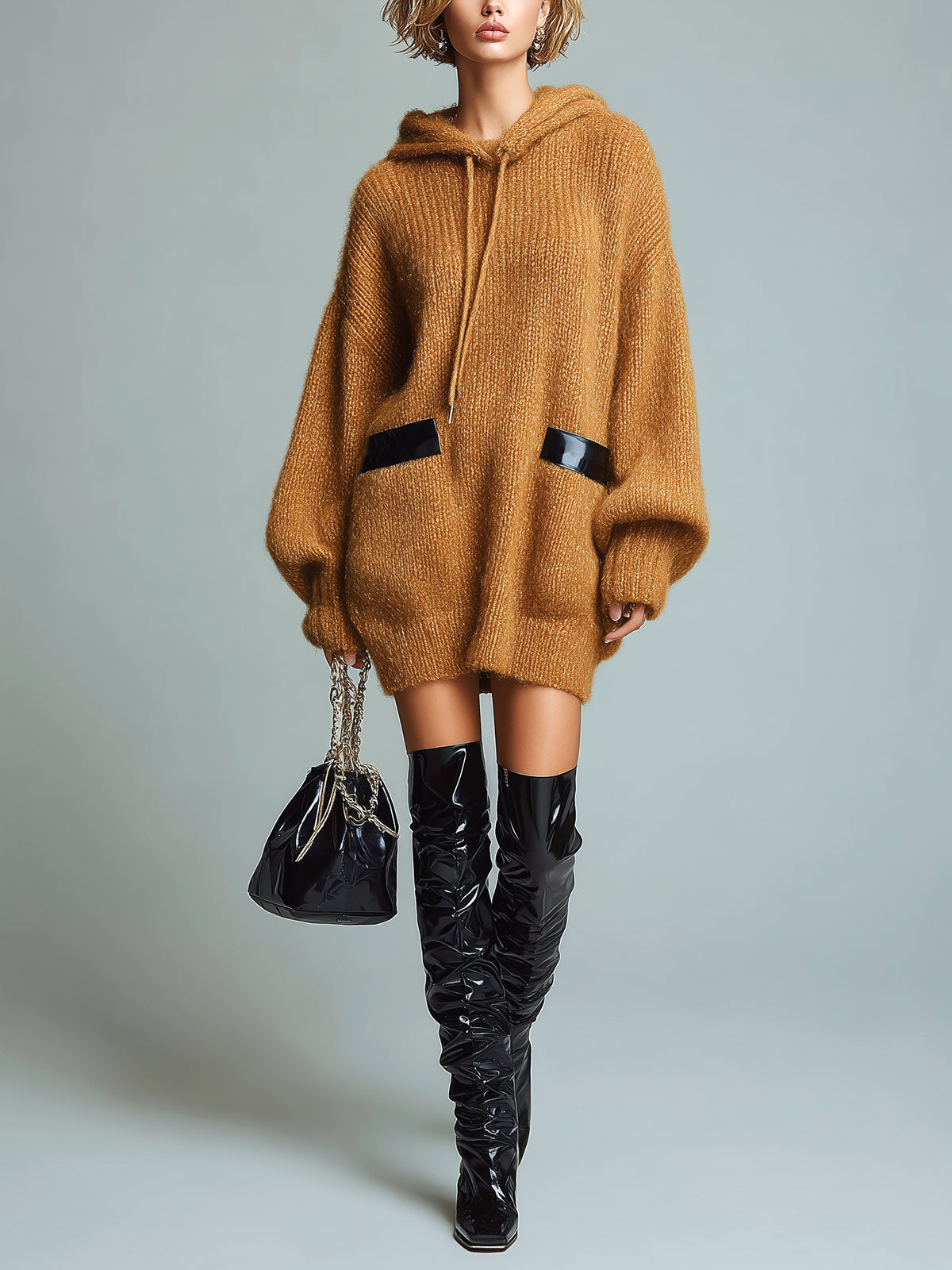 ElevenOra Casual Caramel Oversize Hooded PU Pocket Details Knit Sweater Mini Dress
