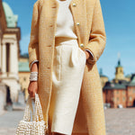 ElevenOra Vintage Elegant Yellow Tweed Single-Breasted Slim Mid-Length Coat