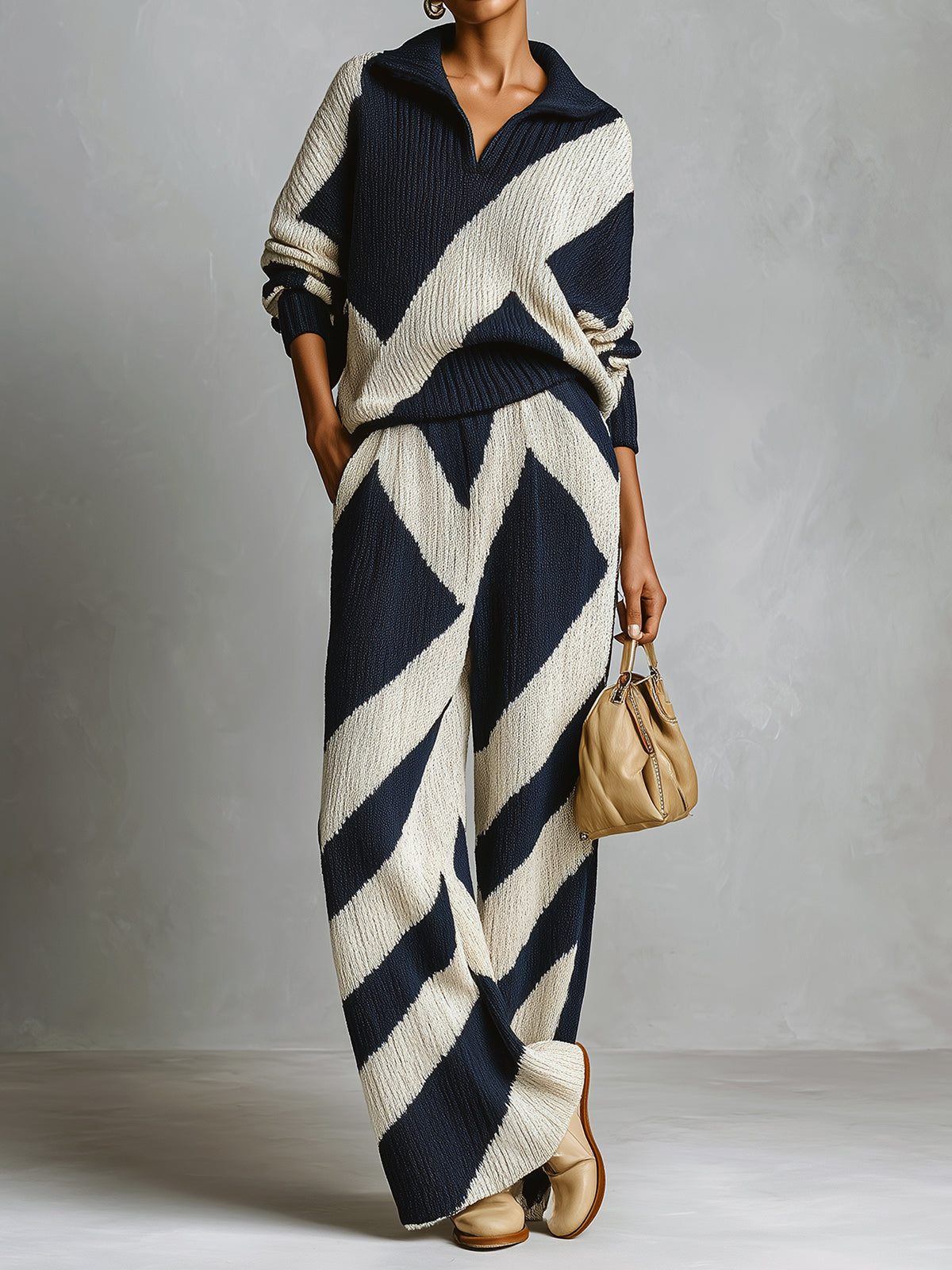 ElevenOra Chic Elegant Geometric Jacquard Lapel Long-sleeved Polo Sweater Wide-leg Pants Knitted Two-piece Set