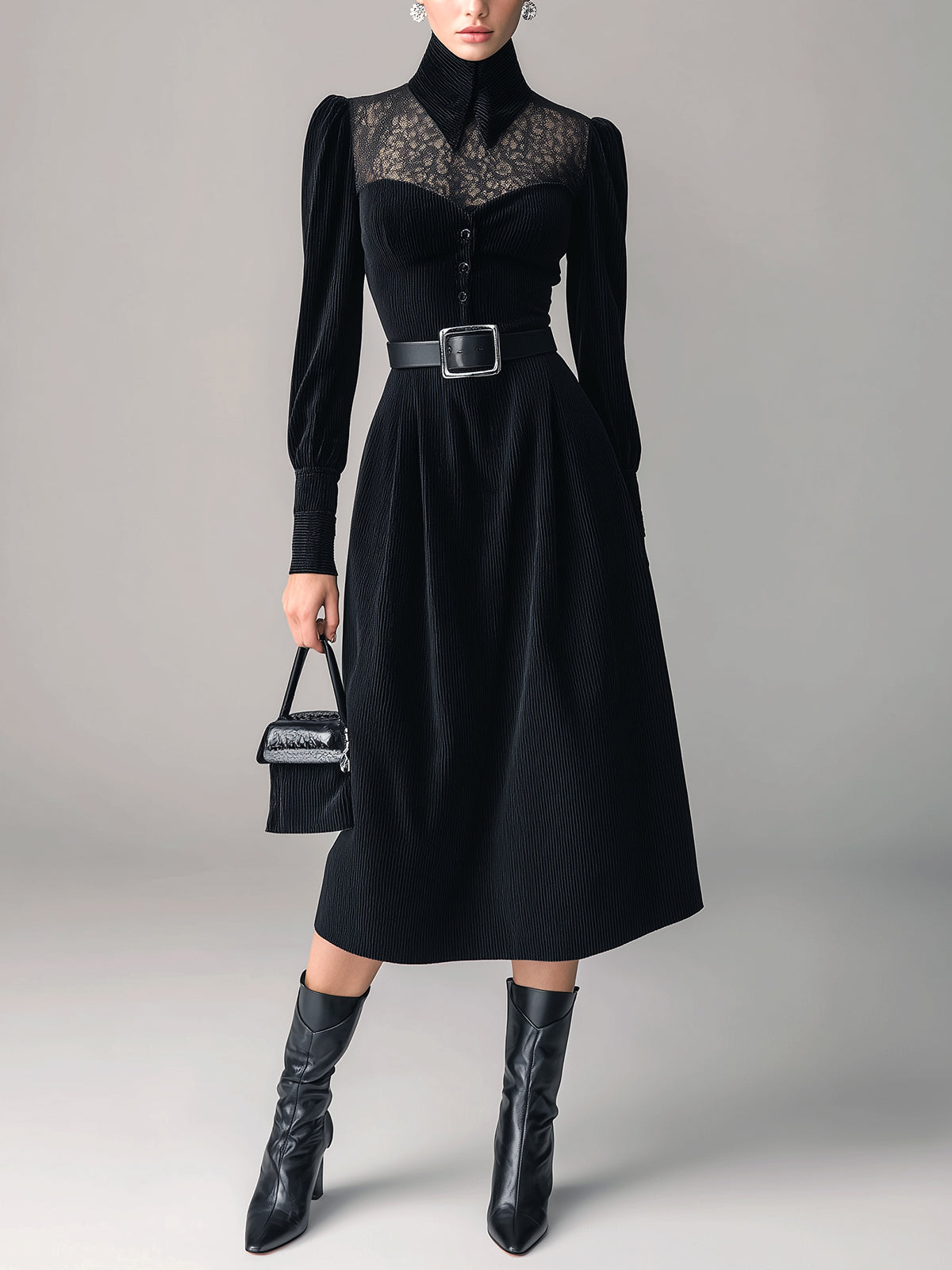ElevenOra Casual Vintage Corduroy Lace Panel Lapel Collar Tailored Waist Belted Long Sleeve Midi Dress