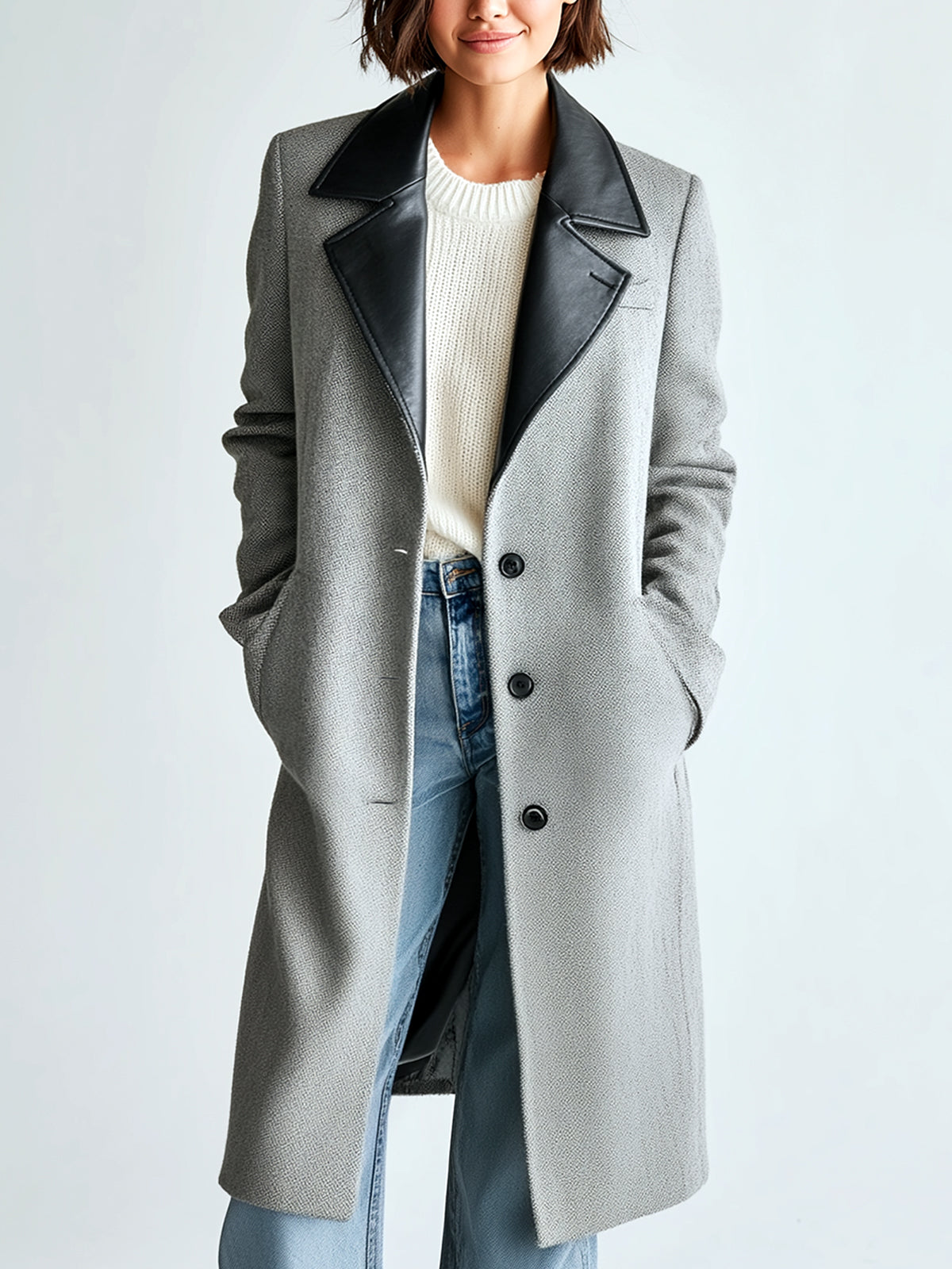 ElevenOra Chic Vintage Gray Hherringbone Wool Blend PU-Trimmed Collar Single-Breasted Longline Sophisticated Coat