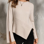 ElevenOra Chic Elegant Oatmeal Round-Neck Long-Sleeve Patchwork Detail Pointed Hem Wool Blend Ribbed Knit Sweater
