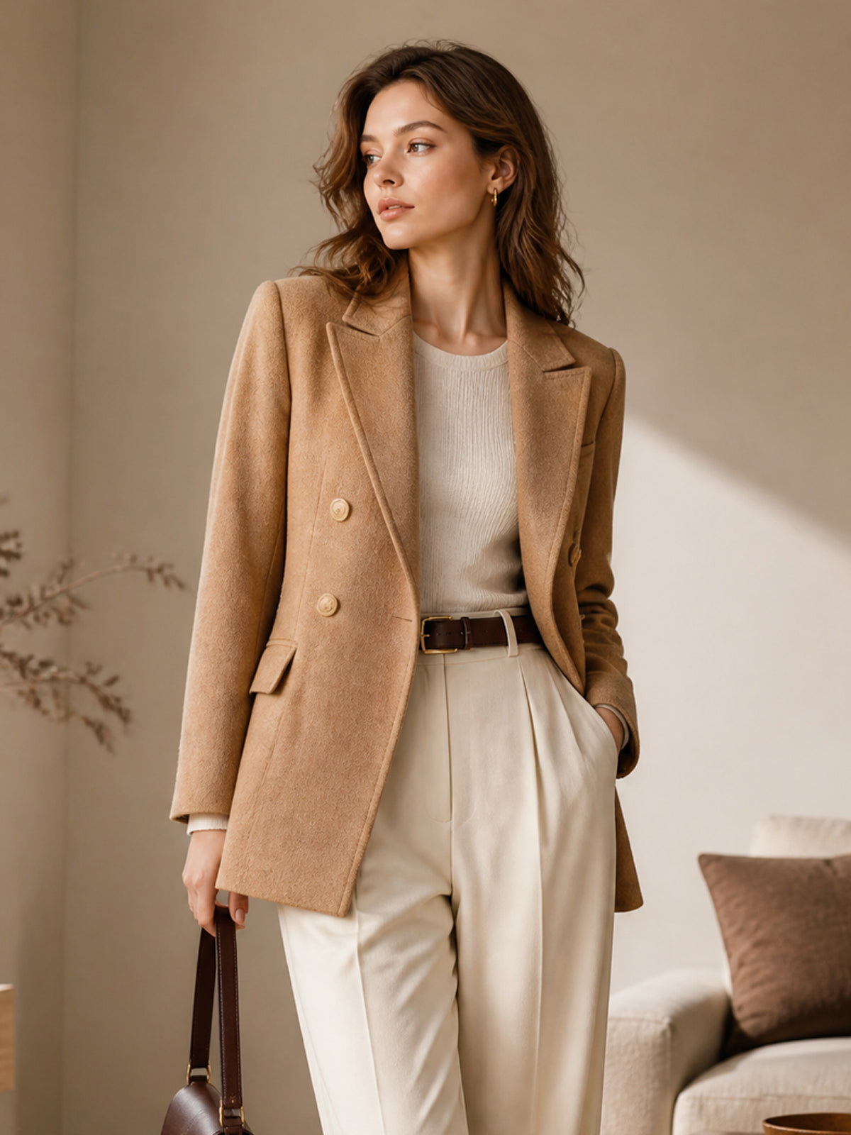 ElevenOra Chic Elegant Camel Woolen Blend Peak Lapel Double-Breasted Long-Sleeve Slim-Fit Warm Blazer