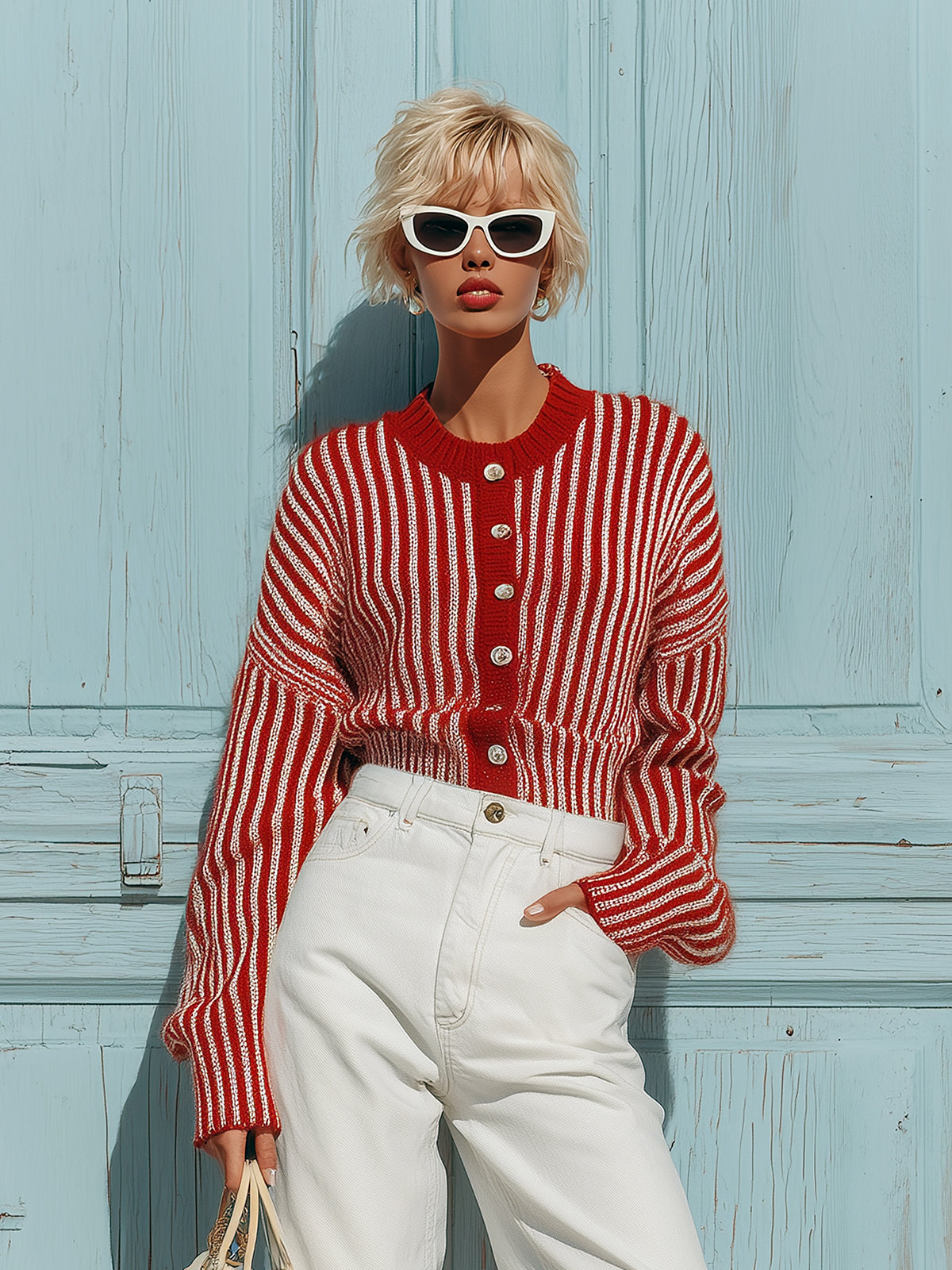 ElevenOra Chic Vintage Red Pinstripes Round-Neck Single-Breasted Long-Sleeve Slim-Fit Knit Cardigan