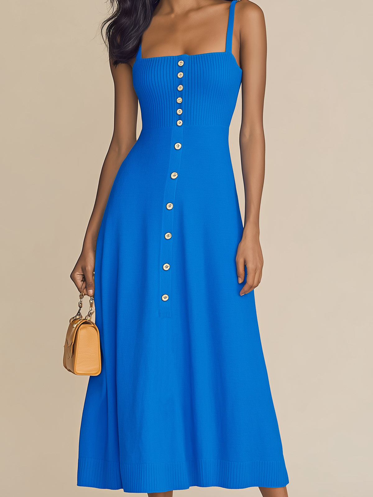 ElevenOra Chic Elegant Royal Blue Thin Straps Sleeveless Button-Front Slim-Fit Ribbed Knit A-Line Midi Dress