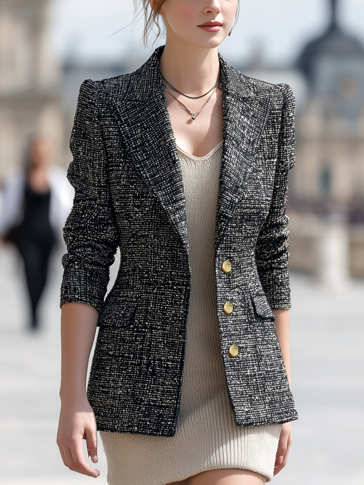 ElevenOra Chic Vintage Tweed Peak-lapel Single-breasted Slim-fit Blazer
