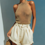 ElevenOra Chic Casual Camel Mock Neck Sleeveless Slim-Fit Tank Top Beige Cotton-Linen Shorts Two-Piece Set