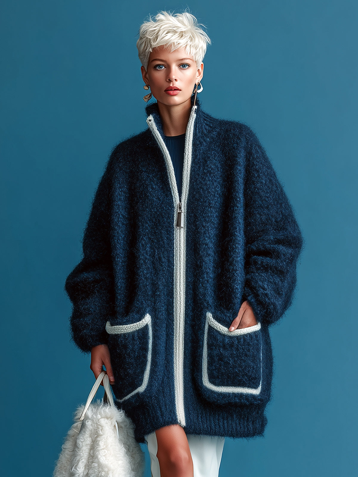 ElevenOra Chic Casual Navy Stand Collar Zipper-Front Patch Pocket Long-Sleeve Oversized Knit Cardigan