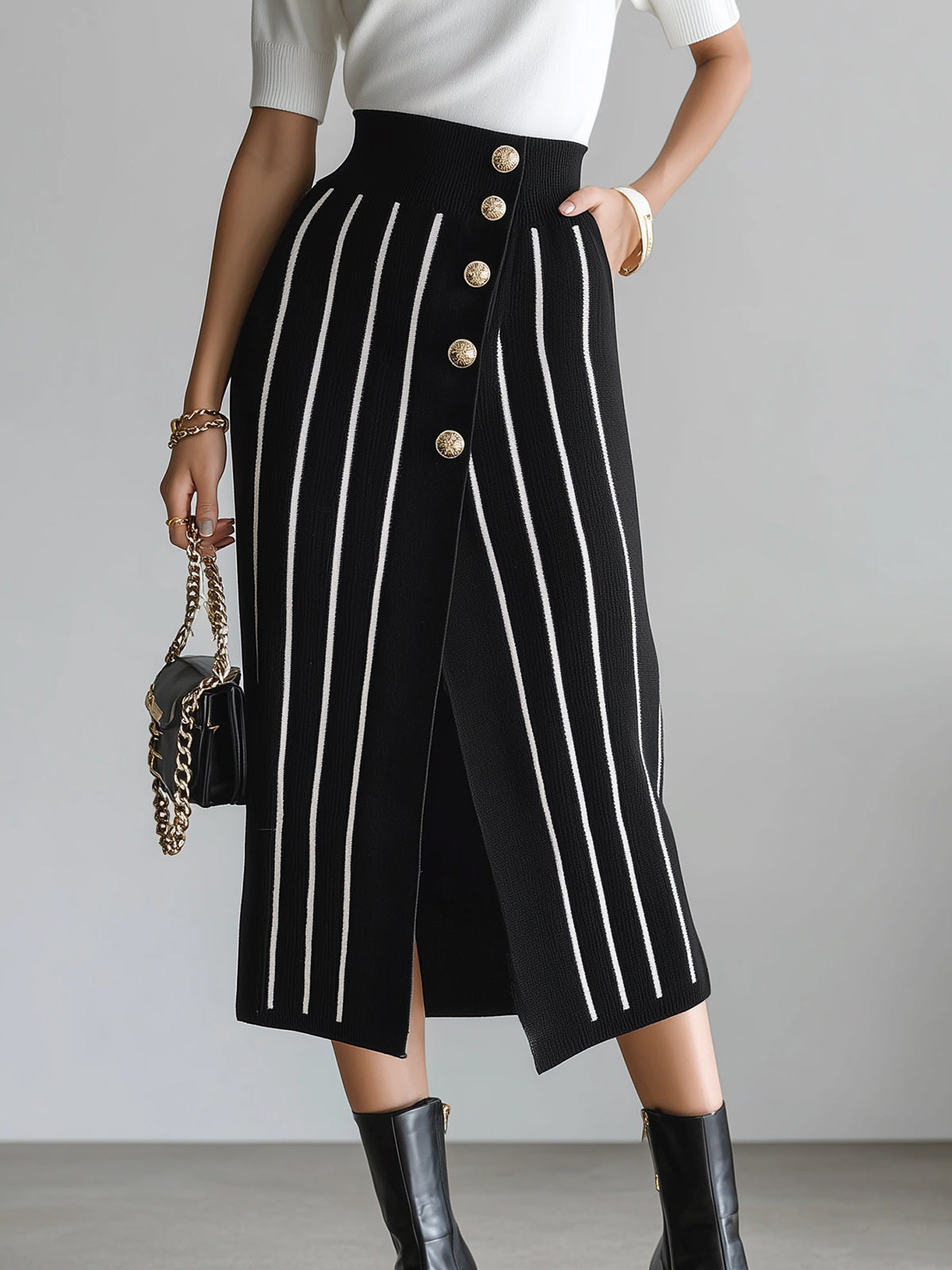 ElevenOra Chic Elegant Black Stripes High Waist Button-Front Slit Bodycon Knit Midi Skirt