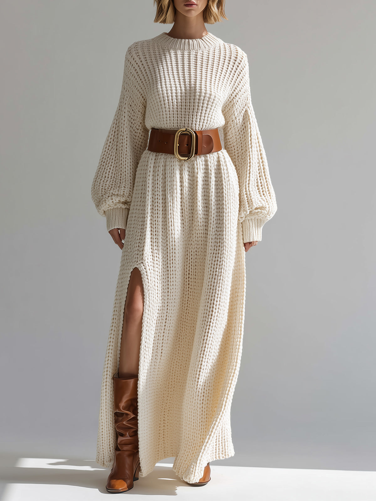 ElevenOra Casual Solid Color Round Neck Oversize Belted Hem Slit Knit Maxi Dress