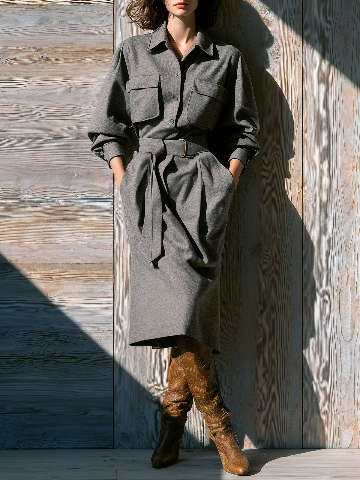 ElevenOra Chic Vintage Gray Wool Blend Lapel Button-Front Belted Long-Sleeved Loose Midi Shirt Dress