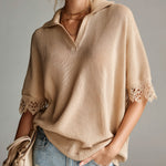 ElevenOra Chic Elegant Camel Lapel V-Neck Short-Sleeve Lace Trim Loose-Fit Knit Sweater Top