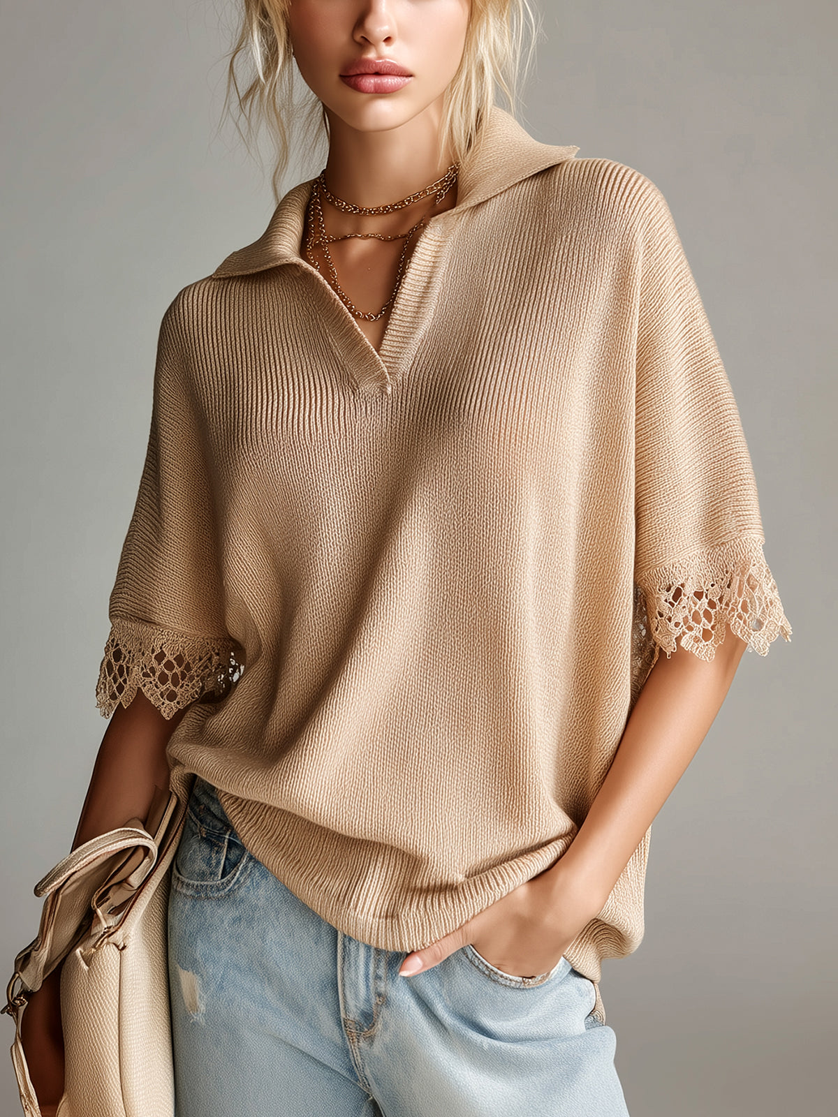 ElevenOra Chic Elegant Camel Lapel V-Neck Short-Sleeve Lace Trim Loose-Fit Knit Sweater Top