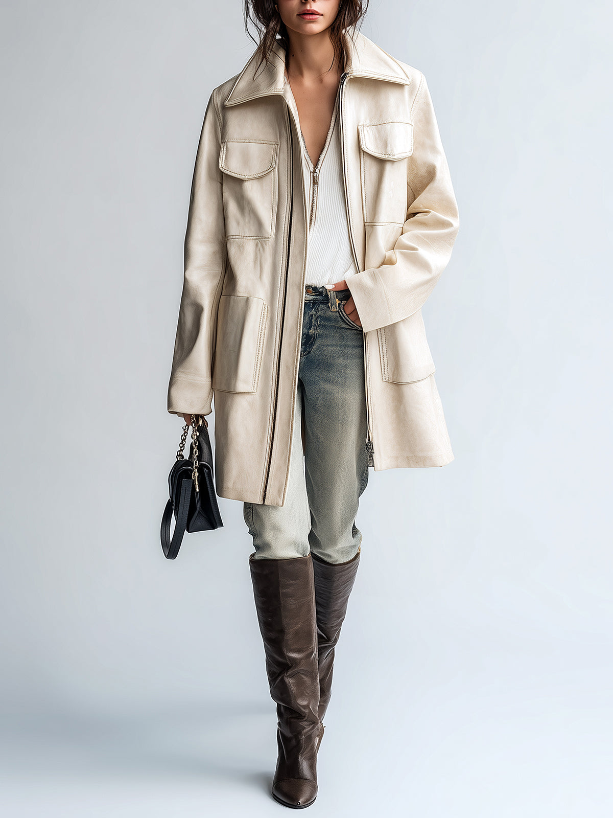 ElevenOra Chic Vintage Cream White Faux Leather Oversized Pocket Lapel Zipper- Front Mid-Length Utility Coat