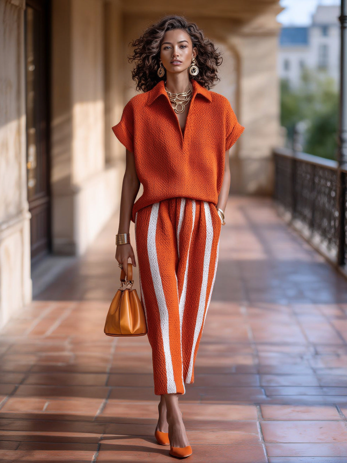 ElevenOra Chic Elegant Orange-White Colorblock Lapel V-Neck Short-Sleeve Loose-Fit Sweater Elastic-Waist Pants Knit Two-Piece Set