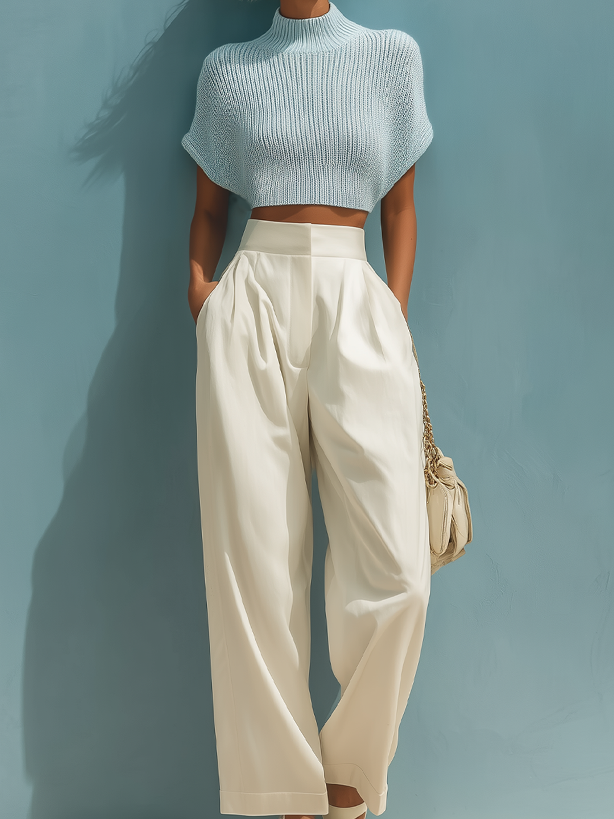 ElevenOra Stylish Elegant Light Blue Mock Neck Short-Sleeve Loose Sweater White Wide-Leg Pants Two-Piece Set