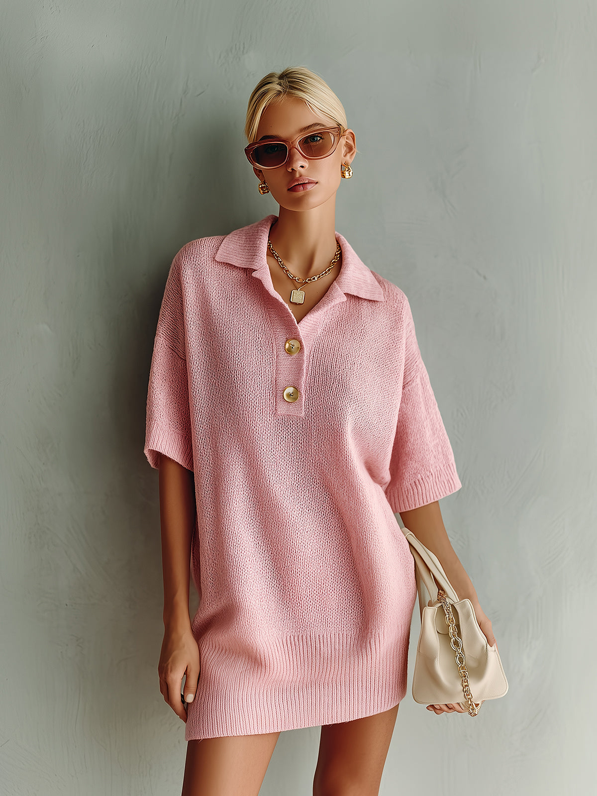 ElevenOra Chic Elegant Pink Button-Up Lapel Collar Short-Sleeve Oversize Knit Mini Dress