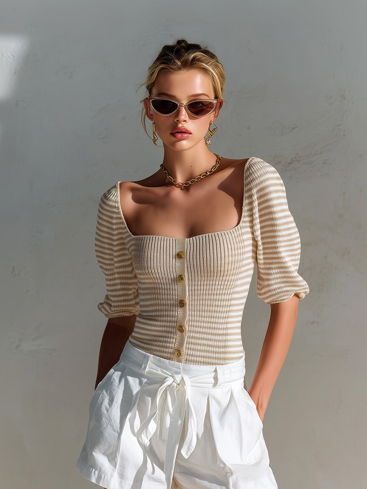 ElevenOra Chic Elegant Camel-White Stripes Square Neck Half-Sleeve Button-Front Slim-Fit Knit Sweater Top