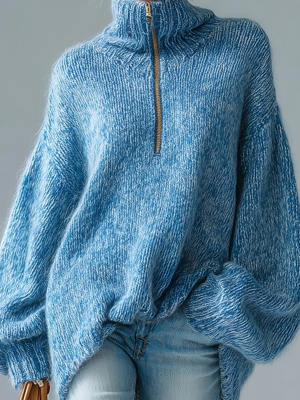 ElevenOra Casual Chic Light Blue Turtleneck Half-Zip Slouchy Lantern Sleeve Knit Sweater