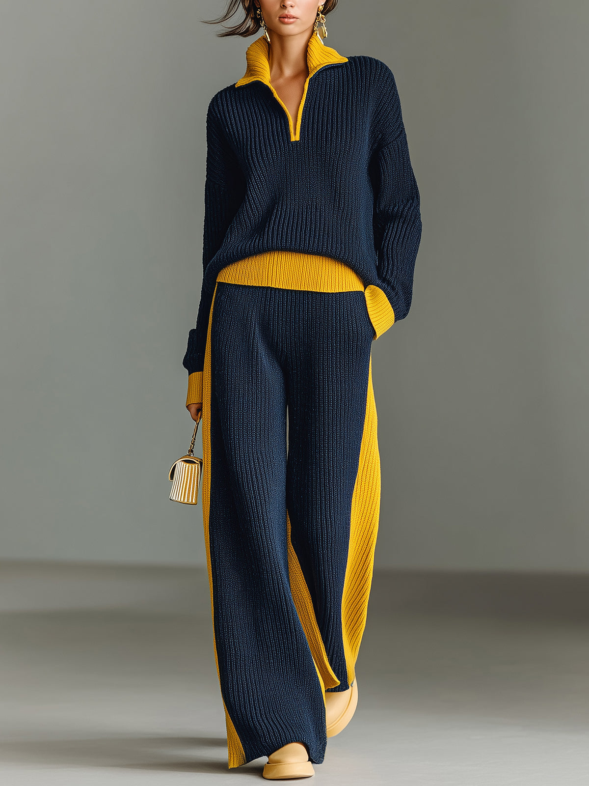 ElevenOra Casual Vintage Colorblock Lapel Long Sleeve Oversized Sweater Wide Leg Pants Ribbed Knit Two-Piece Set