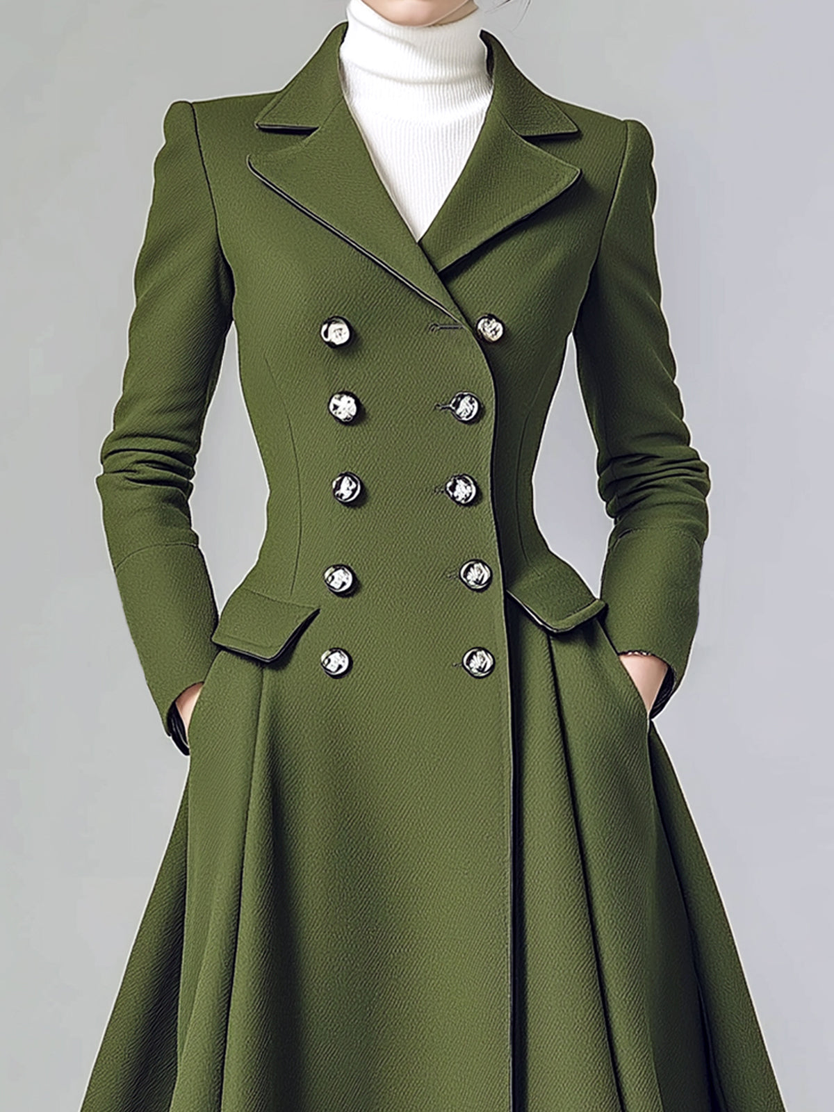 ElevenOra Vintage Green Wool Blend Notch Lapel Double-Breasted Tailored Waist Flared Hem Long Coat