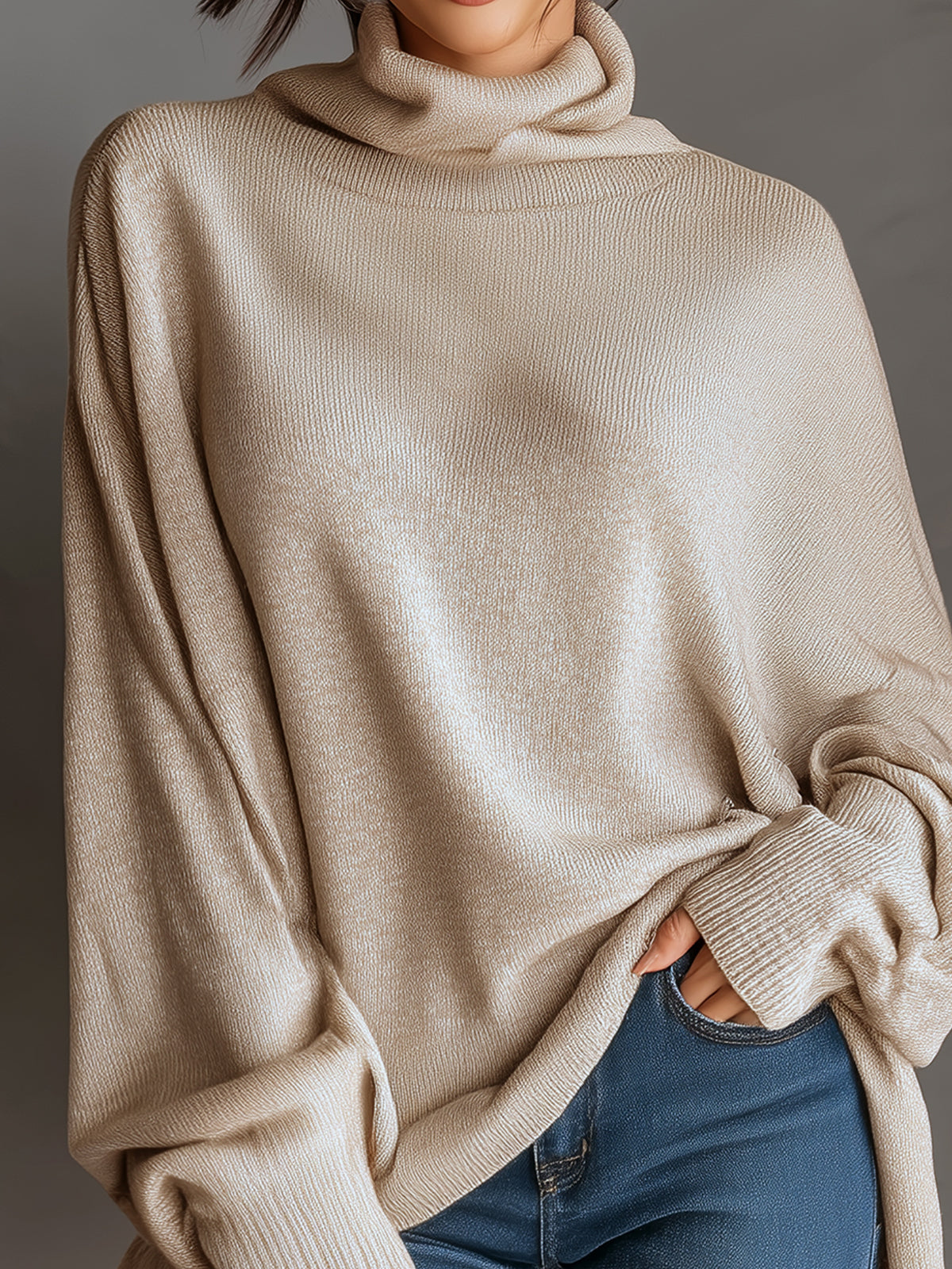ElevenOra Chic Casual Beige Turtleneck Oversized Batwing Sleeve Irregular Hem Knit Sweater Top