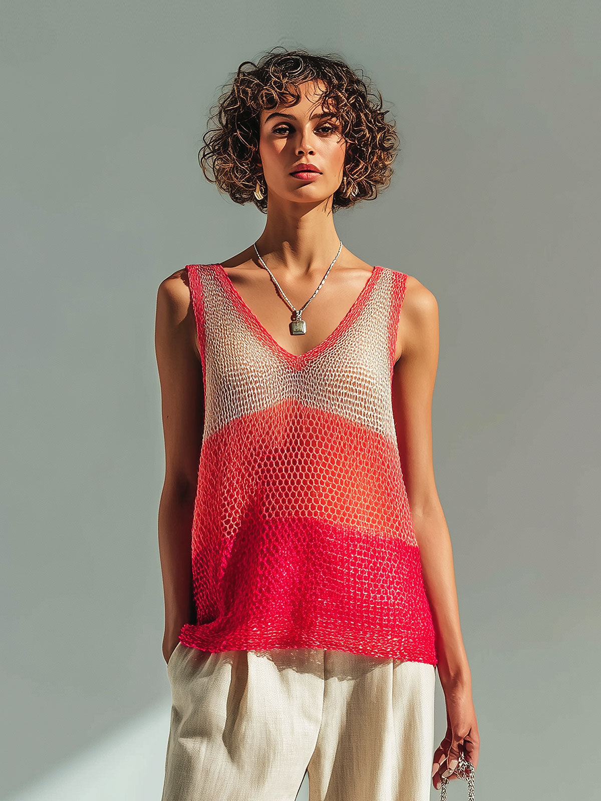 ElevenOra Chic Casual Red-Beige Colorblock V-Neck Sleeveless Loose-Fit Hollow-Out Knit Vest Top