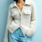 ElevenOra Chic Elegant Cream White Lapel Single-Breasted Long Sleeve Decorative Pocket Fuzzy Mohair Knit Cardigan