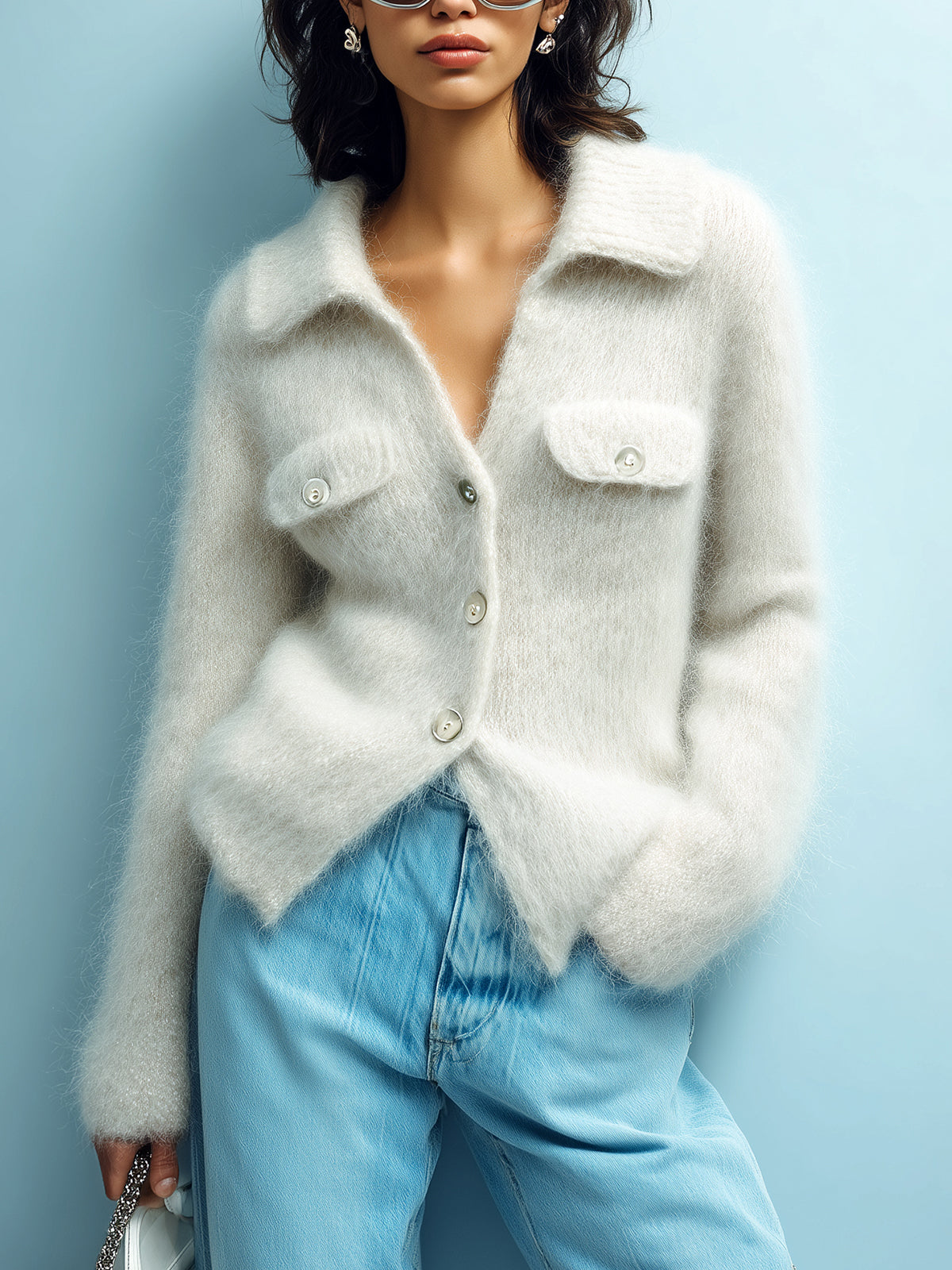 ElevenOra Chic Elegant Cream White Lapel Single-Breasted Long Sleeve Decorative Pocket Fuzzy Mohair Knit Cardigan